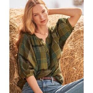 Garnet Hill Plaid Batwing Gauze Top Olive Organic Cotton 14